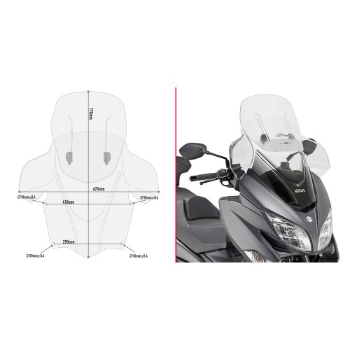 AF3115B plexi čiré Suzuki Burgman 400 (17-25), nastavitelné v rozsahu vxš650-770x670 mm
