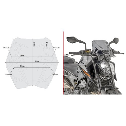 A7708 plexi kouřové KTM Duke 790 (18-20)/890 R (21-23), vxš250x310 mm, včetně montážní sady