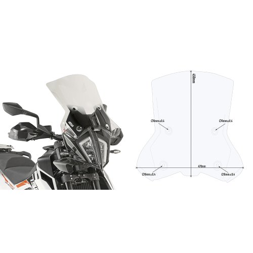 7710DT plexi čiré KTM Adventure 790/790R (-20)/390 (-24)/890 (-22), vxš450x470 mm, nutný D 7711KIT