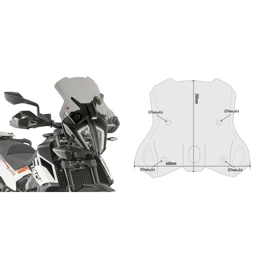 7710D plexi kouřové KTM Adventure 790/790R (-20)/390 (-24)/890 (-22),vxš350x460 mm, nutný D 7711KIT