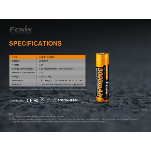 Vysokoproudová baterie Fenix 18650 3000 mAh (Li-ion)