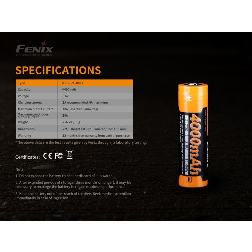 Vysokoproudová baterie Fenix 21700 4000 mAh (Li-Ion)