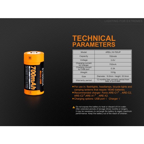Dobíjecí USB baterie Fenix RCR123A / 16340 High Current (Li-ion)